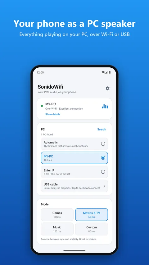 Your phone as a PC speaker: main screen connected